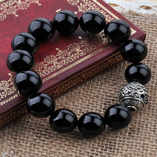 14MM Onyx Beads Bracelet Silver Dragon Bead Bracelet