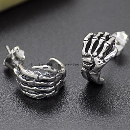 Handmade Silver Skull Hand Men's Earrings