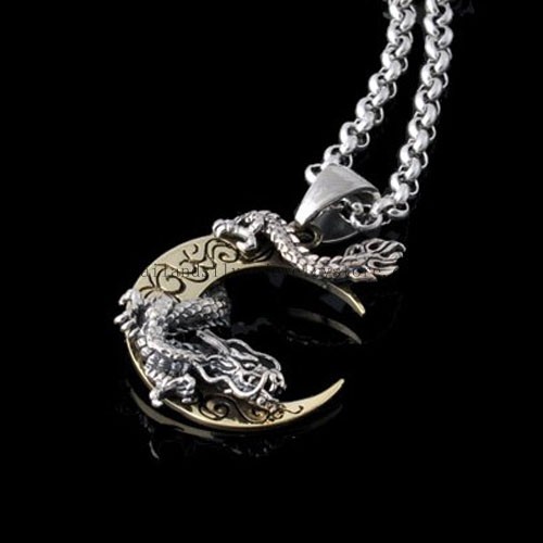 Handmade Thailand Silver Moon Dragon Amulet Pendant