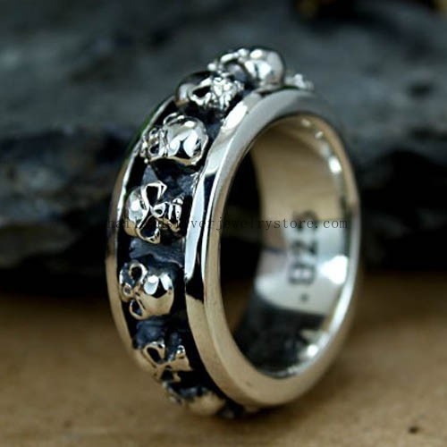 Handmade SIlver Skull Spinning Lucky Ring for Men