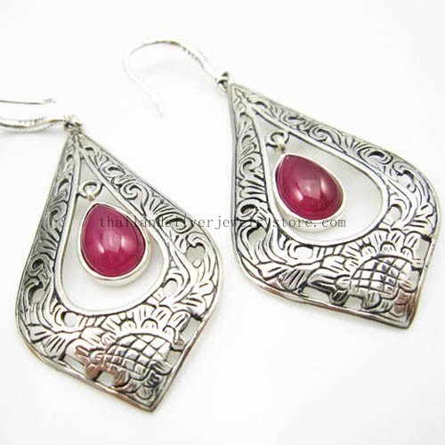 Sterling Silver Red Corundum Thai Tribal Earrings