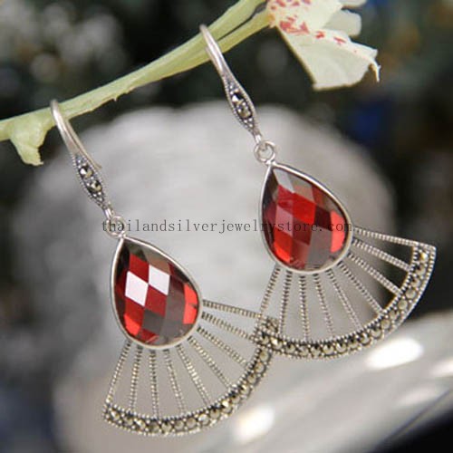 Thai Silver Garnet Charming Tribal Earrings