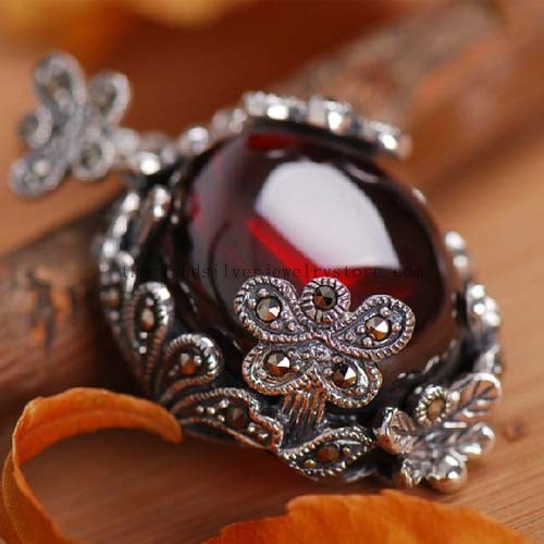 Thai Silver Garnet Pendant Thai Tribal Pendant