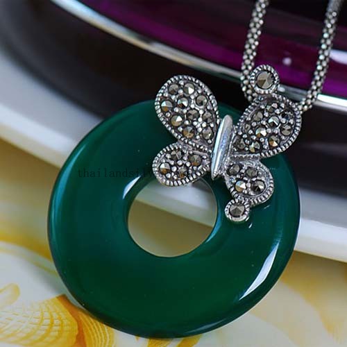 Thai Silver Pendant Green Agate Lucky Pendant