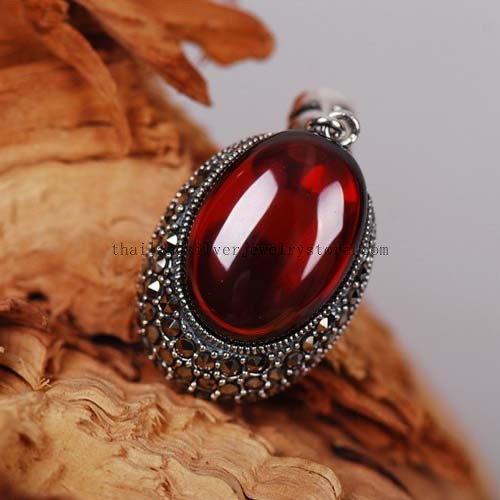 Thai 925 Silver Garnet Thai Tribal Pendant