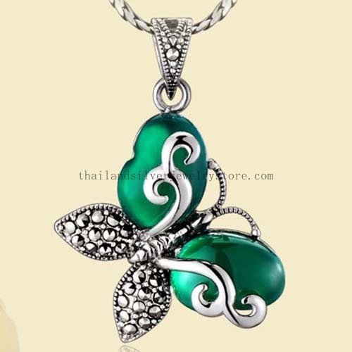 Thai Silver Green Agate Butterfly Pendant