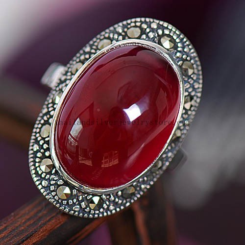 Thai Sterling Silver Ring Red Corundum Tribal Ring