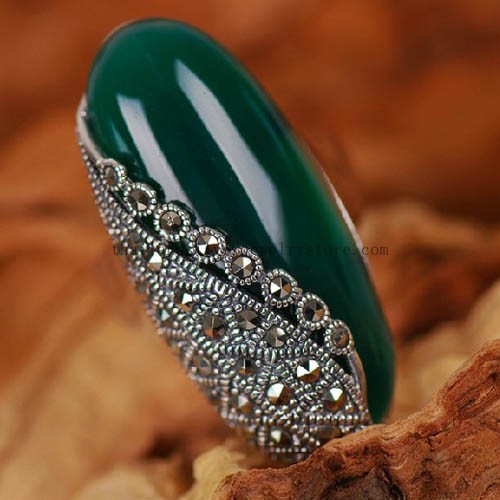 Thai 925 Silver Green Agate Tribal Charming Ring