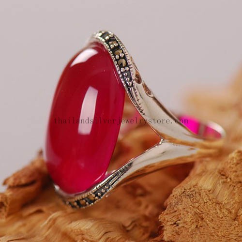 Thai 925 Silver Red Corundum Ring Charm Ring.