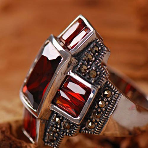 Thai Silver Garnet Cross Ring Lucky Ring