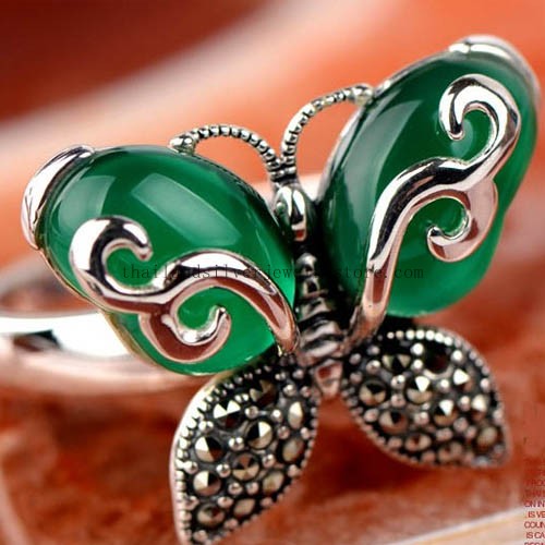 Thai Sterling Silver Green Agate Butterfly Ring