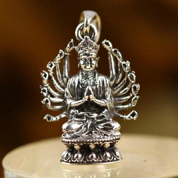 HANDMADE 925 STERLING SILVER PENDANT RETRO THAI SILVER PATRON SAINT PENDANT AVALOKITESVARA LOTUS BUDDHA PENDANT