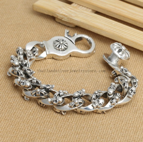 Handmade Thai 925 Silver Skull Cross Bracelet PUNK Man Bracelet