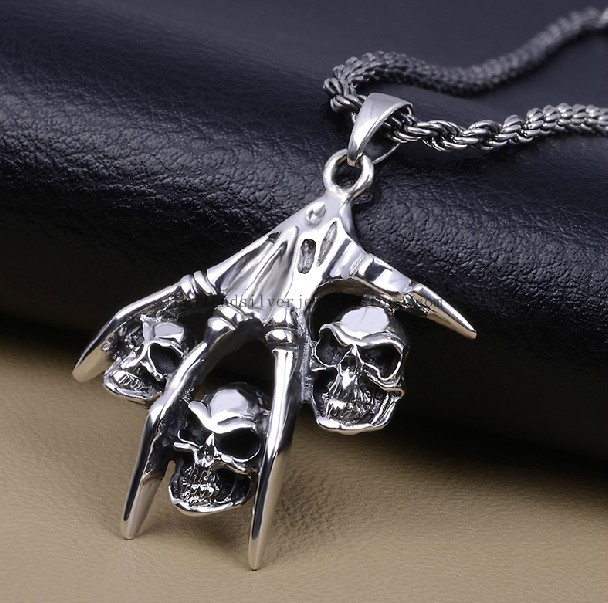 Handmade Thai 925 Silver Skull Pendant Man Punk Pendant