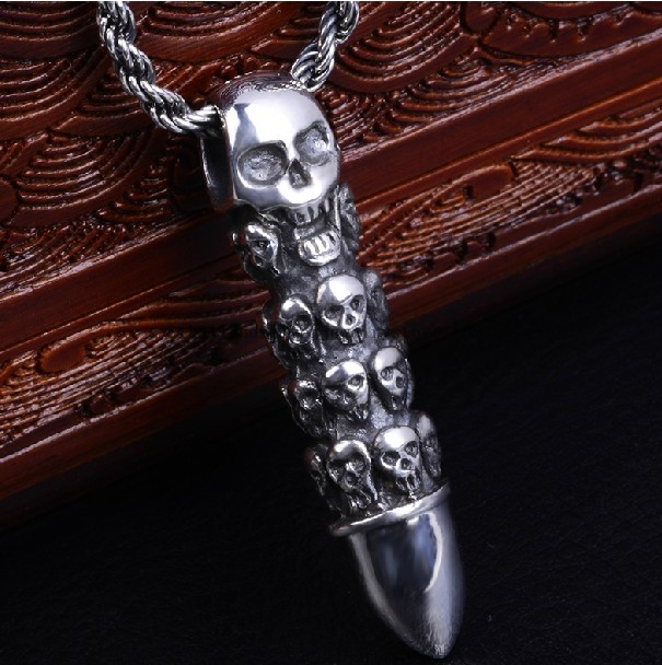 Handmade Thailand 925 Silver Bullet Skull Pendant Man Pendant