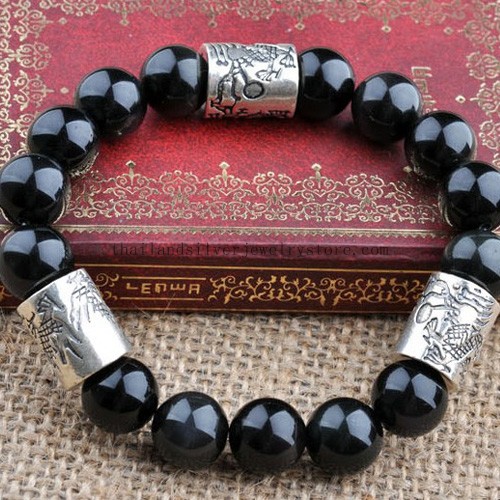 Handmade 925 Silver Dragon Beaded Bracelet Obsidian Men's Bracel