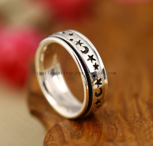 Handmade Thailand 925 Silver Moon Star Spinning Ring Good Luck R