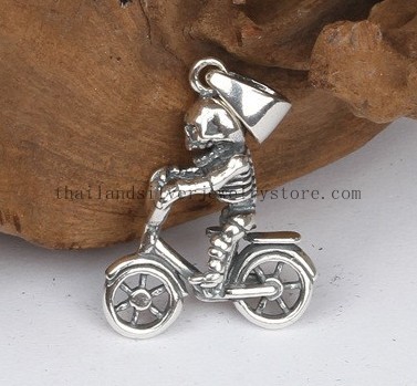 Handmade Thai 925 Silver Skull Bike Pendant Man Pendant